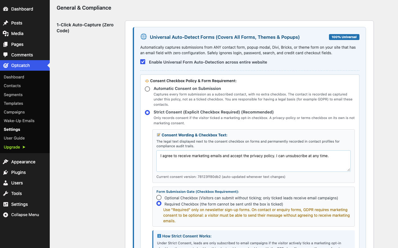 Settings, General and Compliance tab: universal auto-capture switch, consent policy choice and the consent wording field.