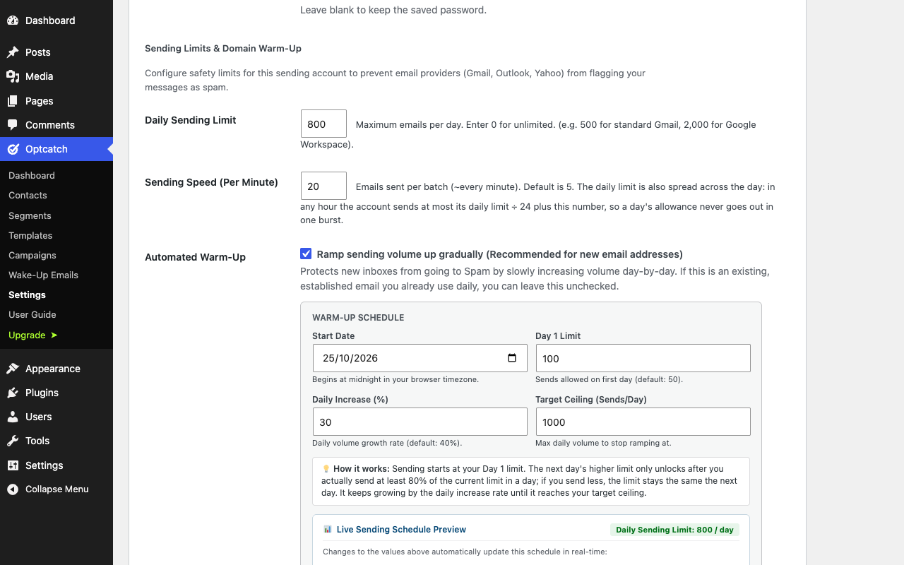 Settings, sending account form with the daily limit, sending speed and the automated warm-up schedule (Pro).
