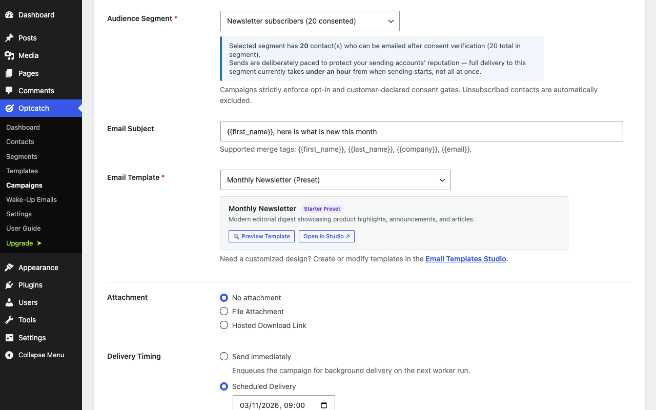 New campaign screen with audience segment and consent-verified recipient count, template choice, attachment and delivery timing options.