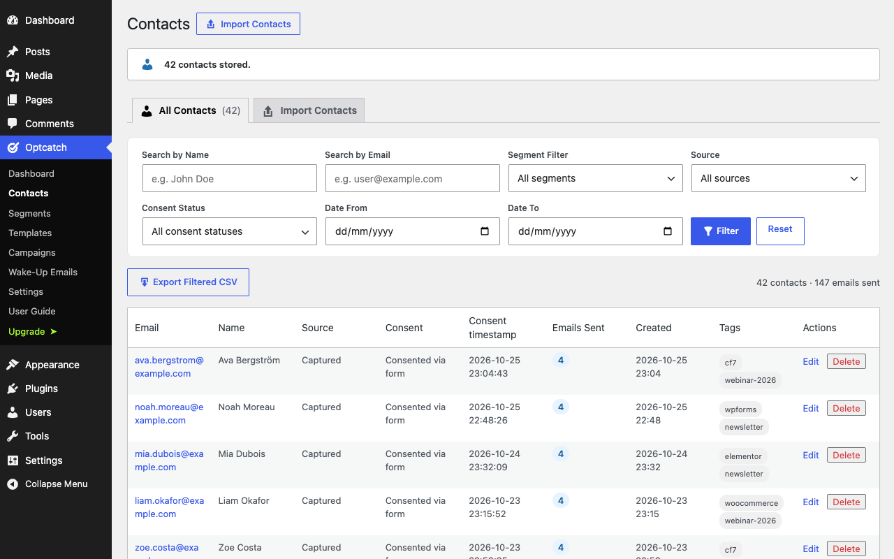Contacts list showing consent status, consent timestamp, source, emails sent and tags, with segment, source and consent filters.